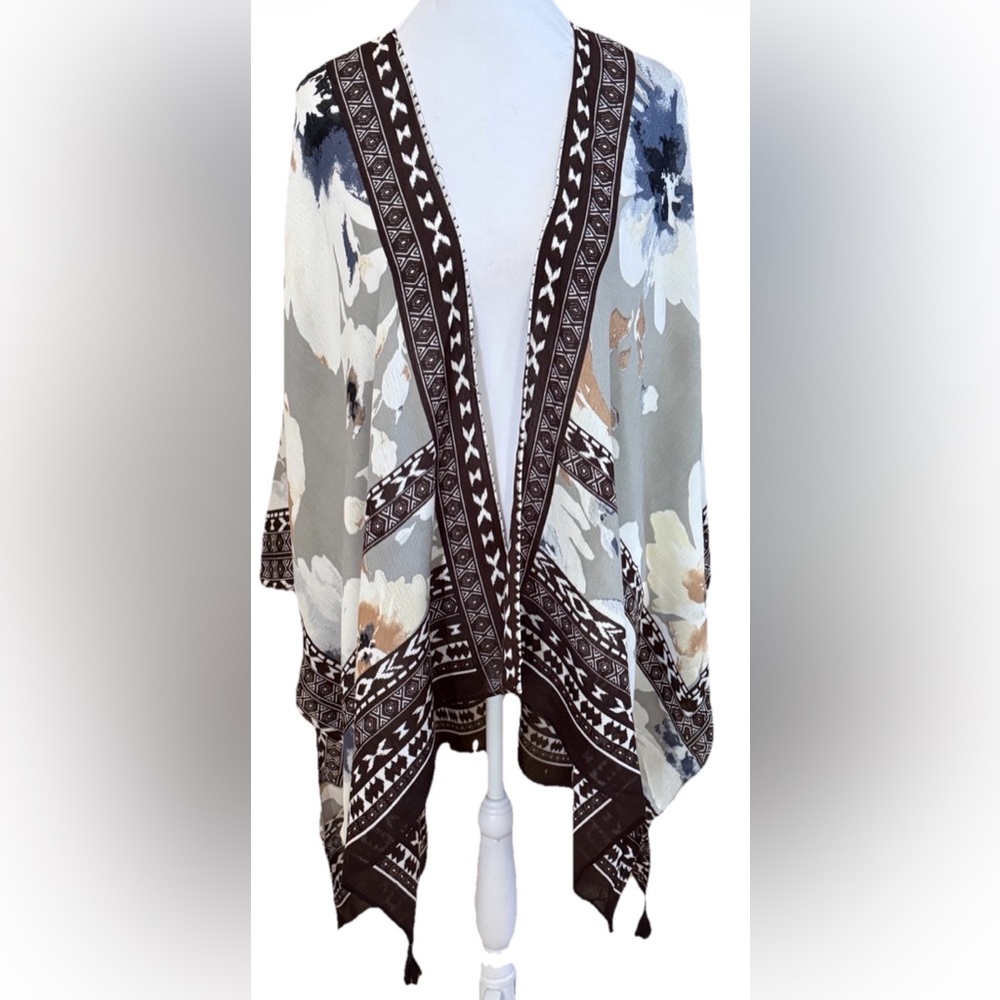 VINCE CAMUTO Brown Blue Gray Floral Kimono 100% Rayon Duster Ruana One Size